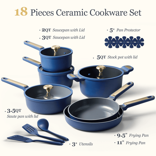 Carote18-Piece Ceramic Nonstick Cookware Set with Utensils, Induction Compatible, Deep Blue
