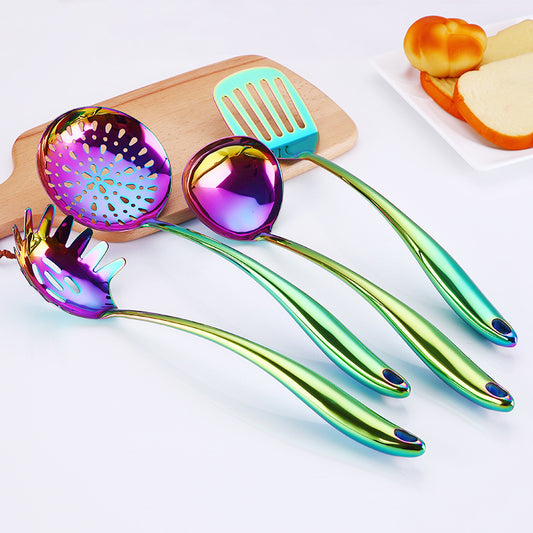 Colorful kitchen utensils including a ladle, spatula, and skimmer on a white background.