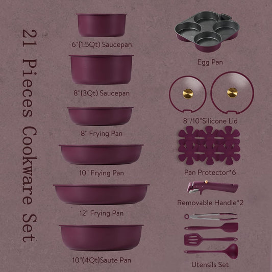 Carote 21 Piece Pots and Pans Set, Nonstick Cookware Set Detachable Handle, Ultra Violet
