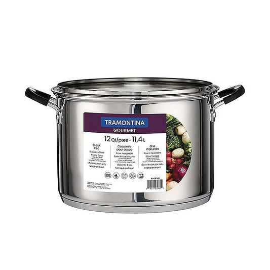 Stainless steel pot with Tramontina label on a white background