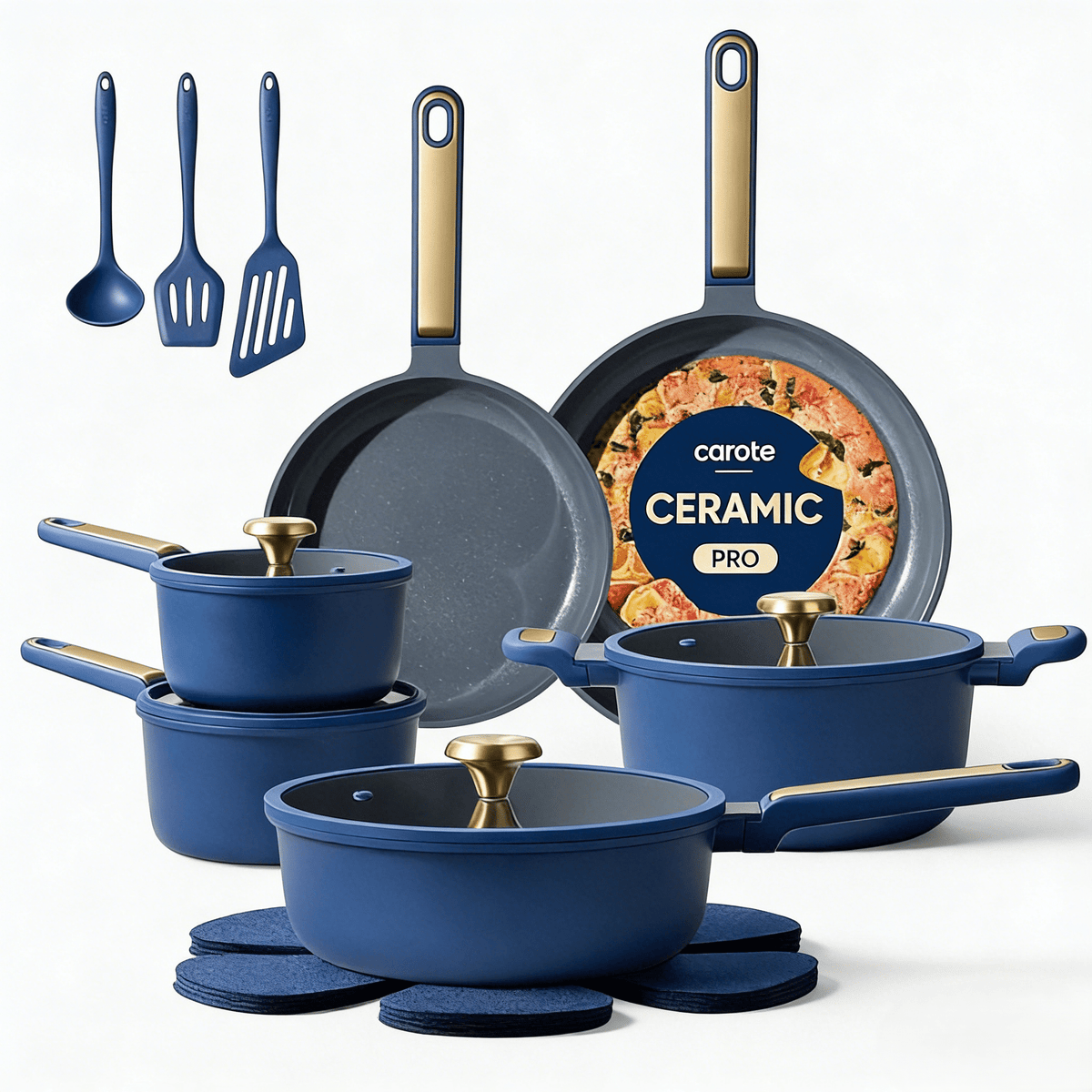 Carote18-Piece Ceramic Nonstick Cookware Set with Utensils, Induction Compatible, Deep Blue