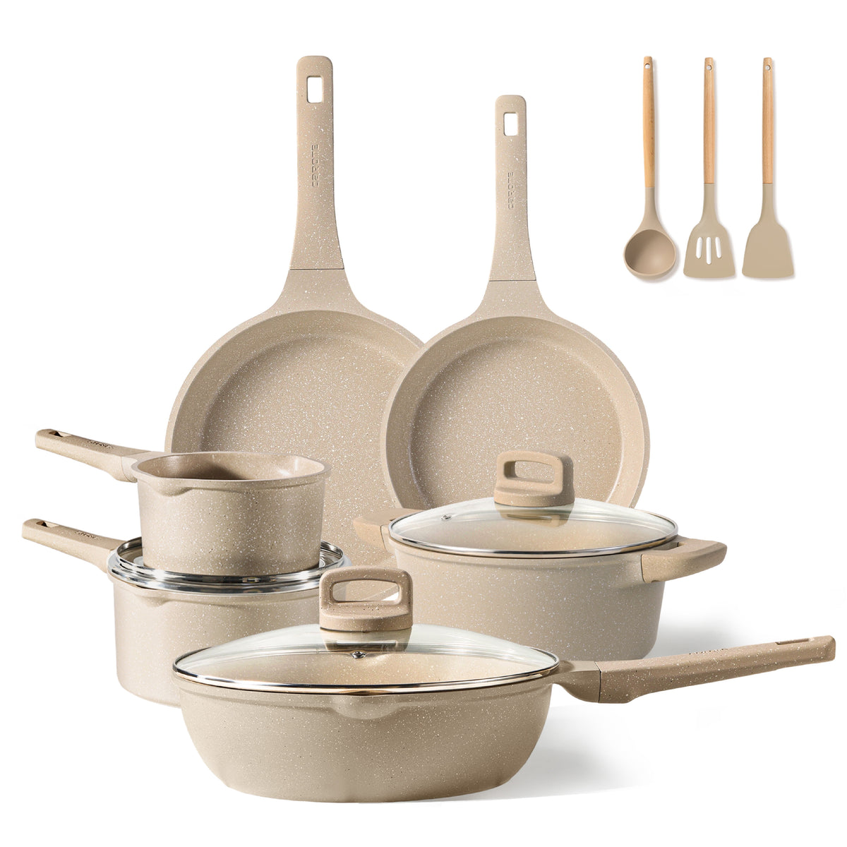 Carote 13-Piece Nonstick Cookware Set, Kitchen Pots and Pans Sets with Stay-Cool Handles, Taupe