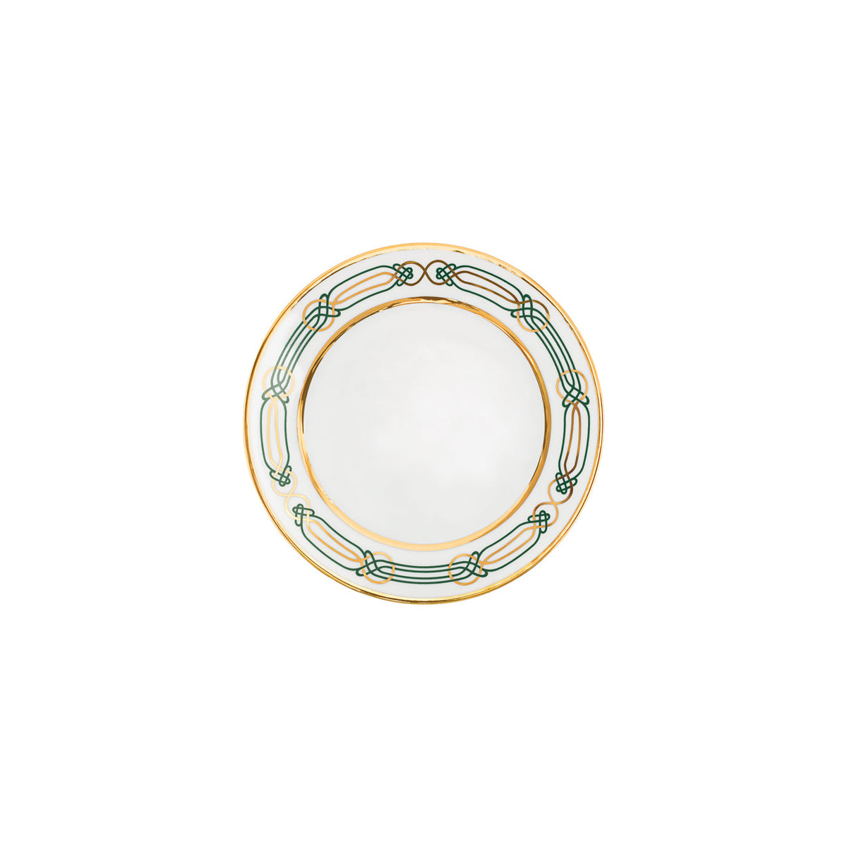 Decorative plate with gold and green rim on a white background