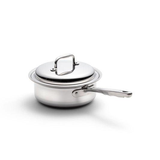 Stainless steel saucepan with lid on a white background