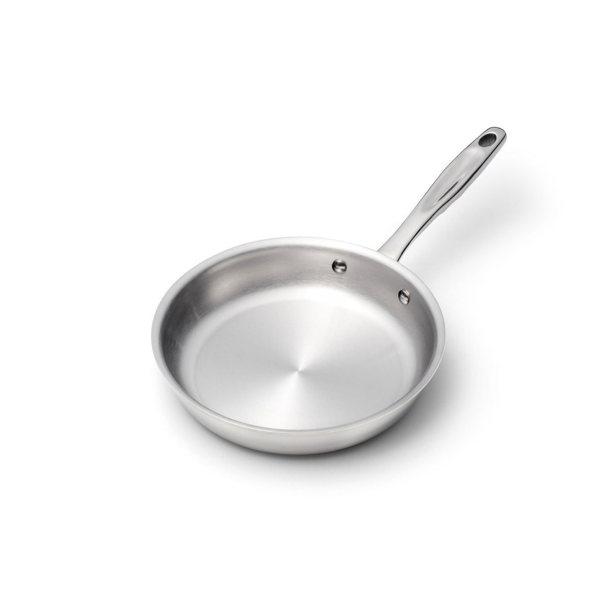 Stainless steel frying pan on a white background.