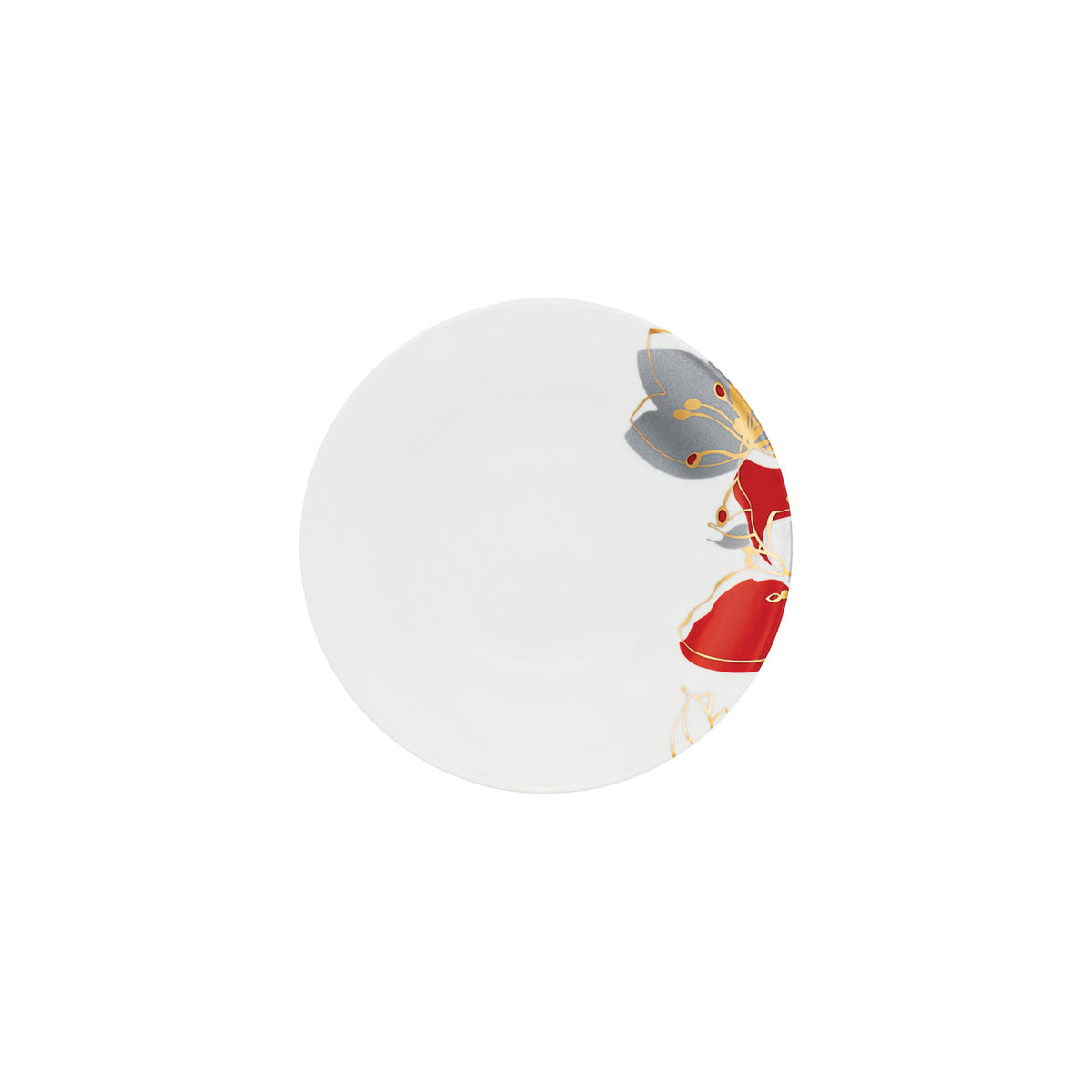 Round white saucer with a colorful design on a white background