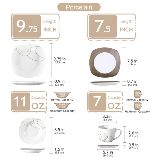 VEWEET NIKITA 30-Piece Porcelain Dinnerware Set | Ivory White with Brown Lines
