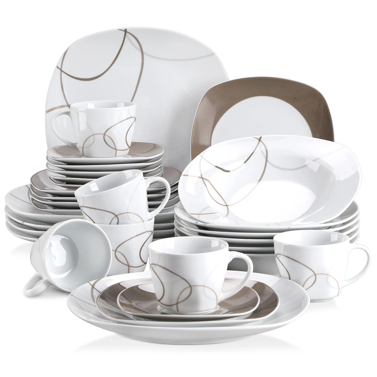 VEWEET NIKITA 30-Piece Porcelain Dinnerware Set | Ivory White with Brown Lines