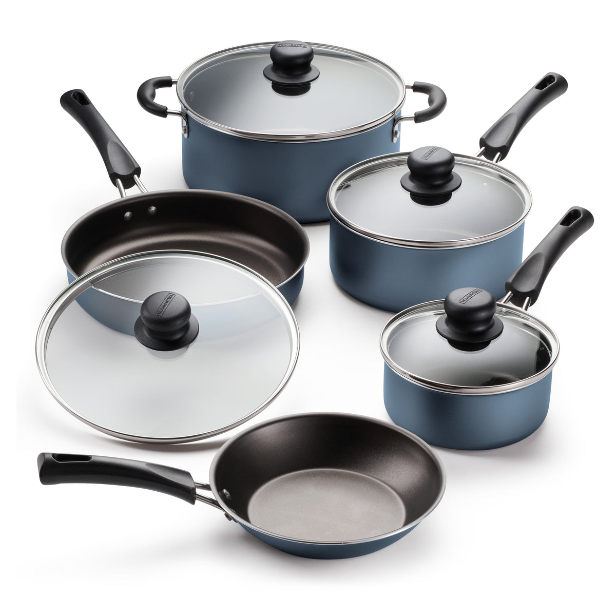 Set of blue cookware with black handles on a white background