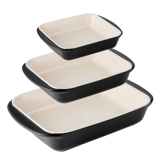 Set of three rectangular baking dishes with black rims on a white background