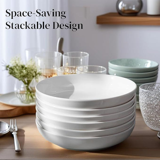 Stackable ceramic bowls on a table with text 'Space-Saving Stackable Design'.
