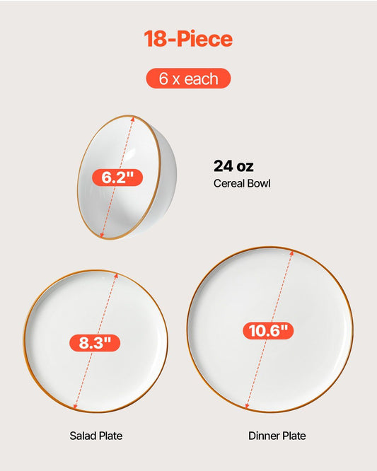 18-piece dinnerware set with measurements of plates and bowls on a light gray background