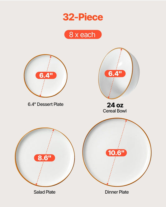 Set of 32-piece dinnerware with measurements on a light gray background