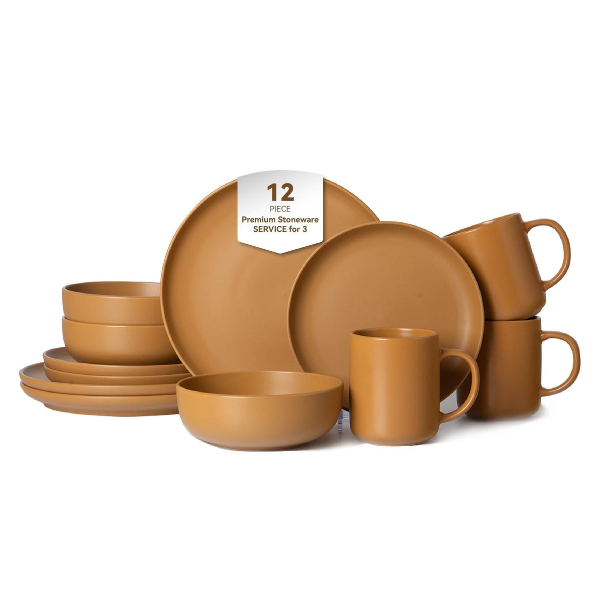 12-piece ceramic dinnerware set with brown stoneware on a white background