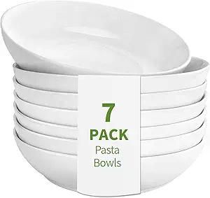 Set of white pasta bowls with '7 Pack' text on a white background
