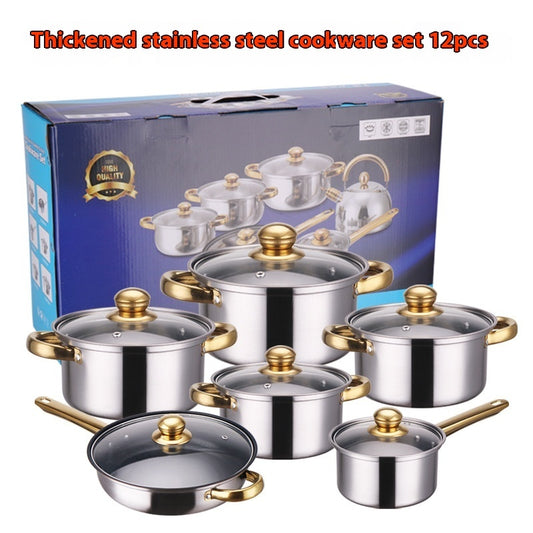 Set of stainless steel cookware with gold handles in front of a box displaying the product.