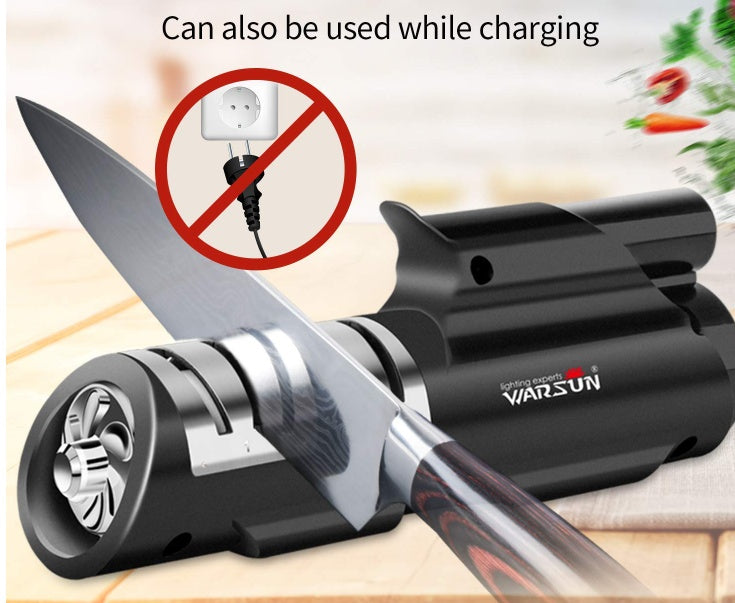 Knife sharpener with a knife on a wooden surface, showing the brand 'WARSUN'.