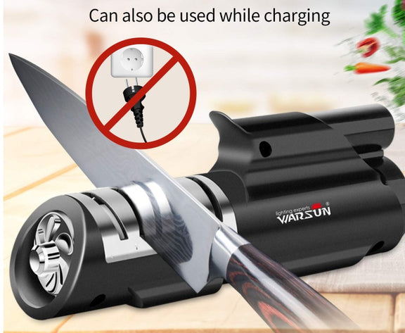 Knife sharpener with a knife on a wooden surface, showing the brand 'WARSUN'.