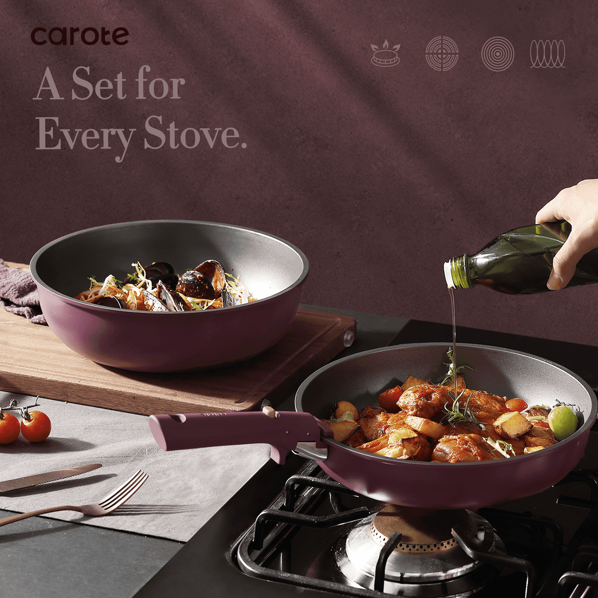 20-Piece Nonstick Ceramic Pots and Pans Set with Detachable Handles | Space-Saving Induction Cookware Set (Ultra Violet)