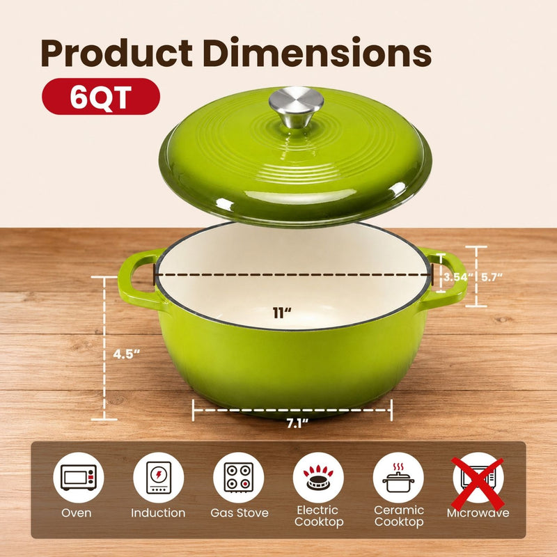 Green enameled cast iron Dutch oven with dimensions on a wooden surface