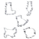 Set of five metal cookie cutters with various shapes on a white background