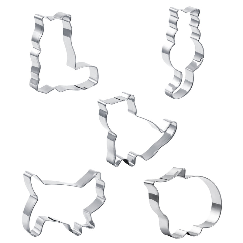 Set of five metal cookie cutters with various shapes on a white background