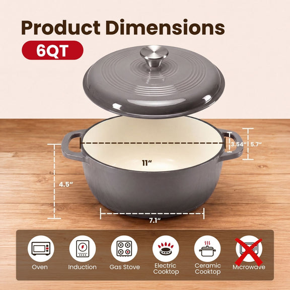 Gray cast iron cookware with dimensions on a wooden surface