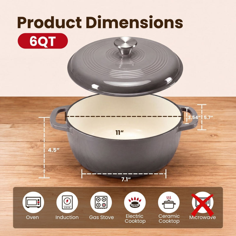Gray cast iron cookware with dimensions on a wooden surface