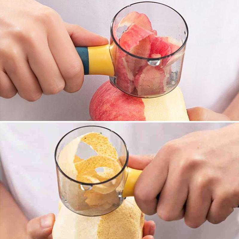 Two images showing a hand using a peeler to remove skin from an apple and a lemon.