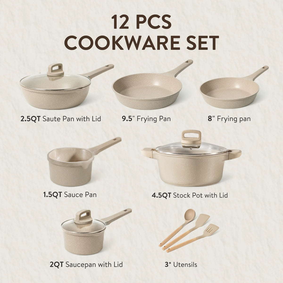 Carote 13-Piece Nonstick Cookware Set, Kitchen Pots and Pans Sets with Stay-Cool Handles, Taupe