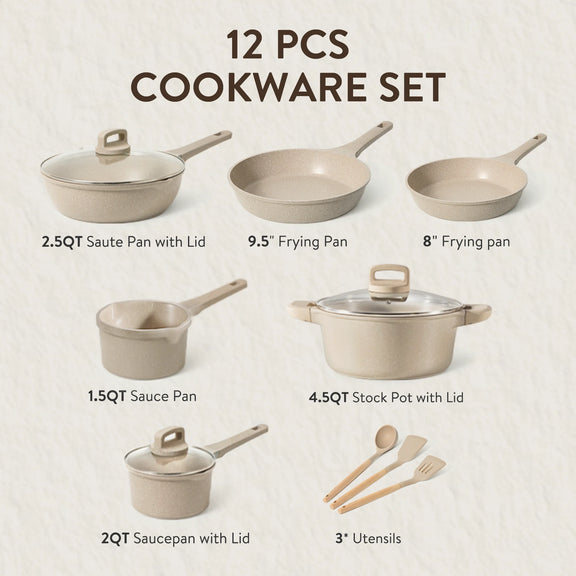 Carote 13-Piece Nonstick Cookware Set, Kitchen Pots and Pans Sets with Stay-Cool Handles, Taupe