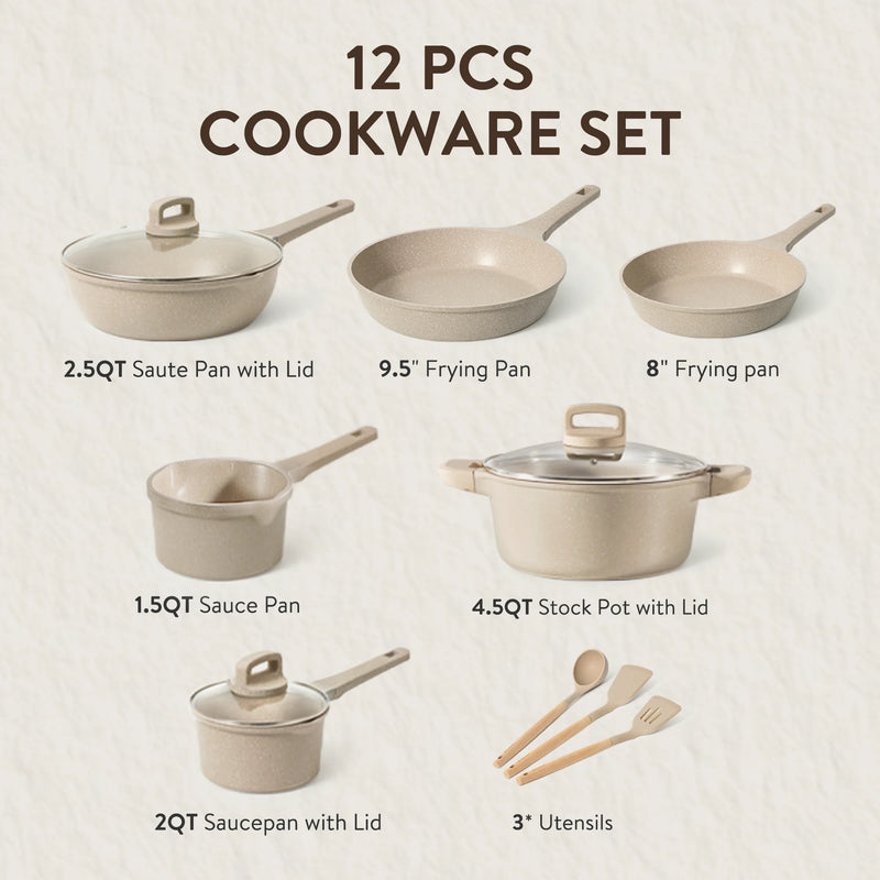 Carote 13-Piece Nonstick Cookware Set, Kitchen Pots and Pans Sets with Stay-Cool Handles, Taupe
