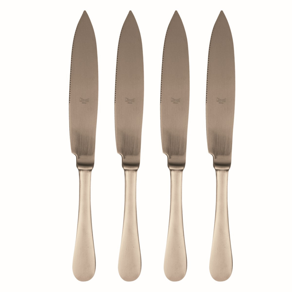 Four rose gold knives with a textured blade on a white background