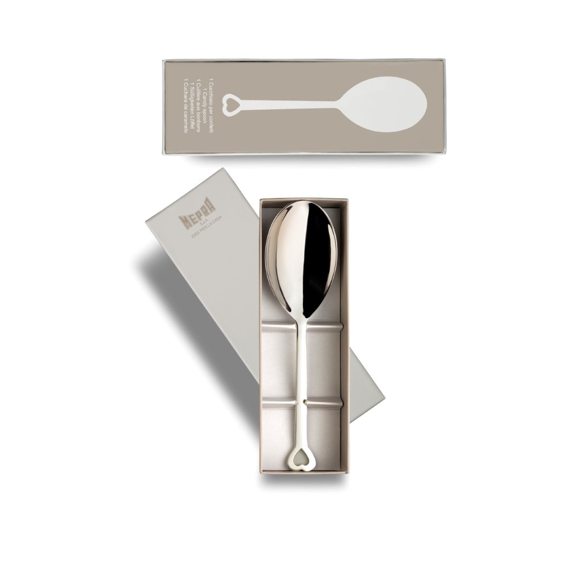 Mepra Silver spoon in a box with a Krenit branded box on a white background