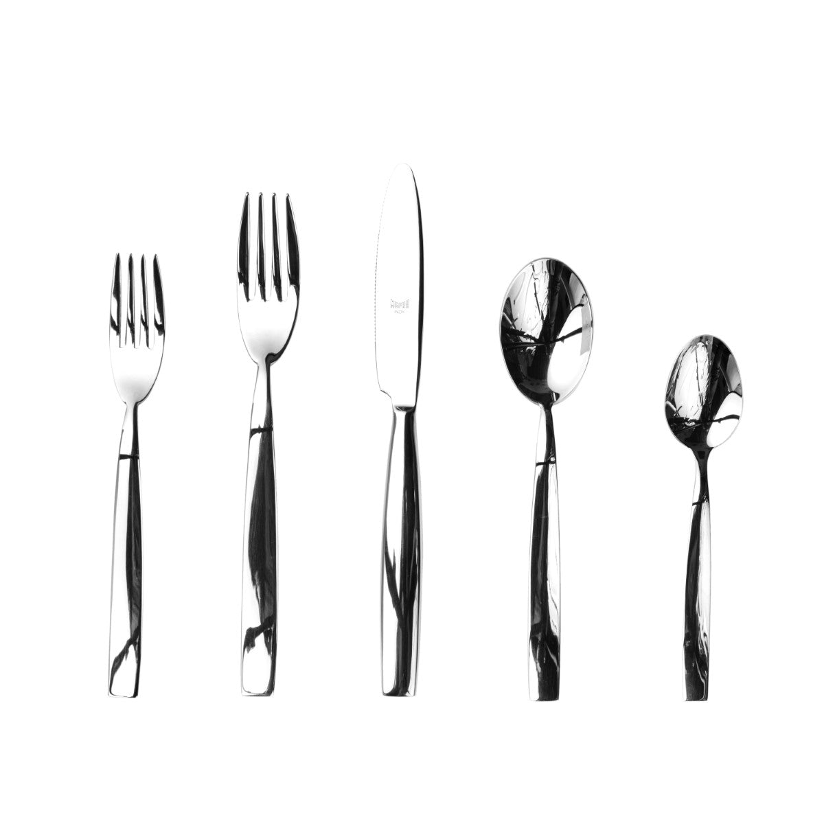 Set of silver cutlery including fork, knife, and spoons on a white background