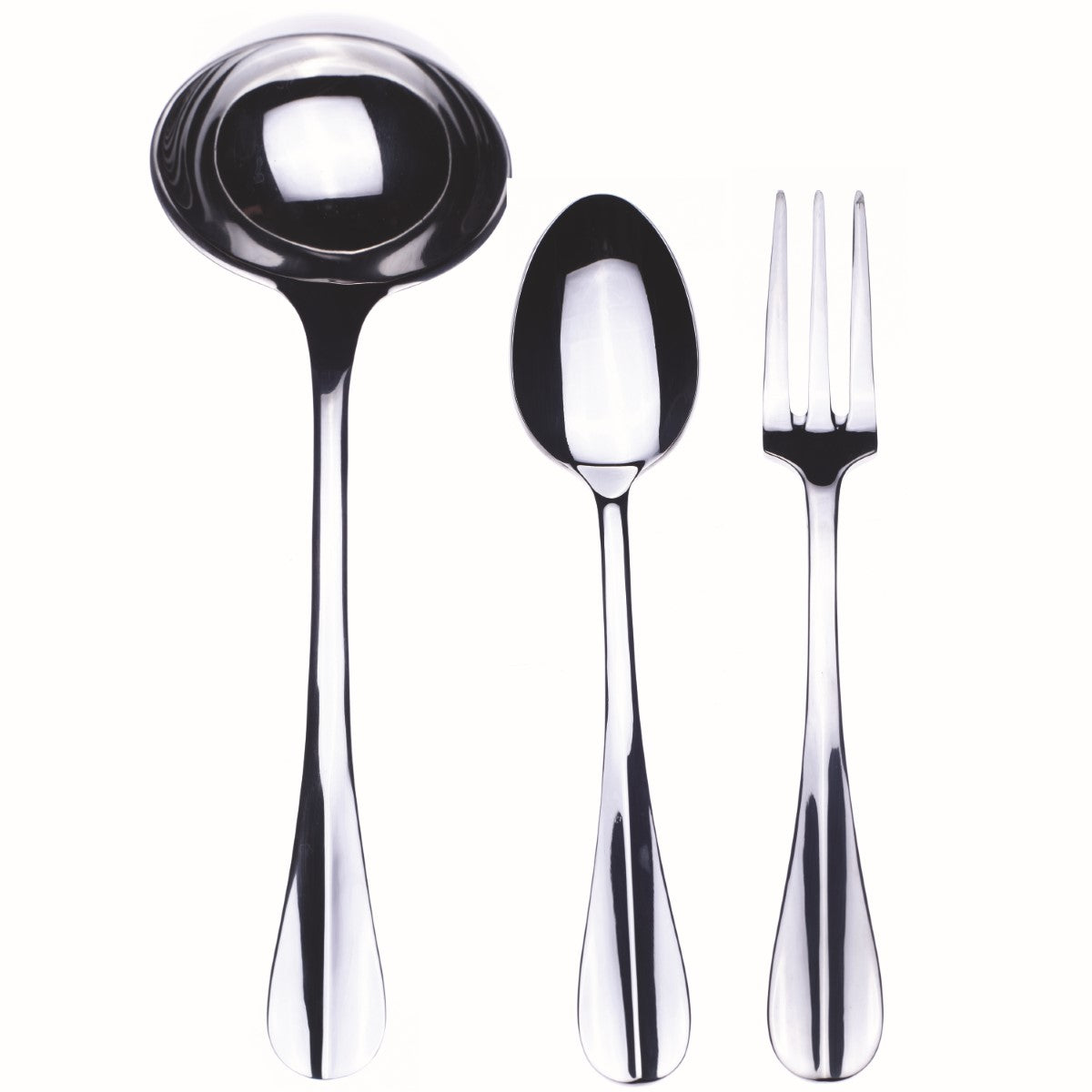 Set of silver spoons, ladle, and fork on a white background