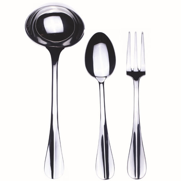 Set of silver spoons, ladle, and fork on a white background