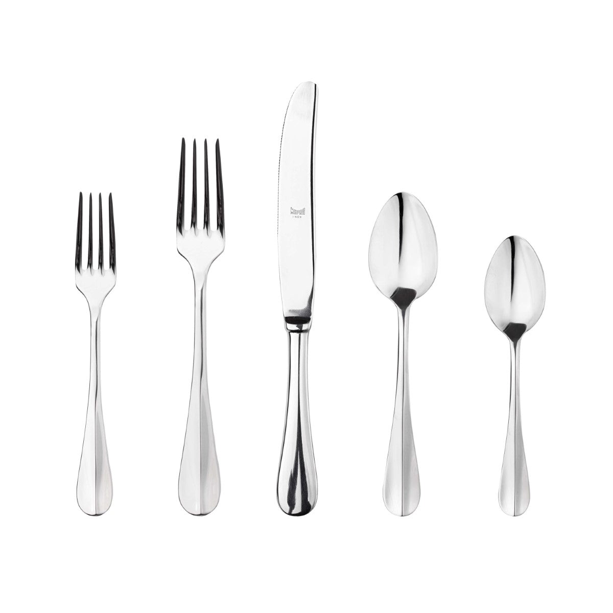 Set of silver cutlery including forks, knife, and spoons on a white background
