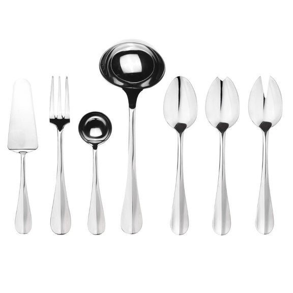Set of silver cutlery including spoons and a ladle on a white background