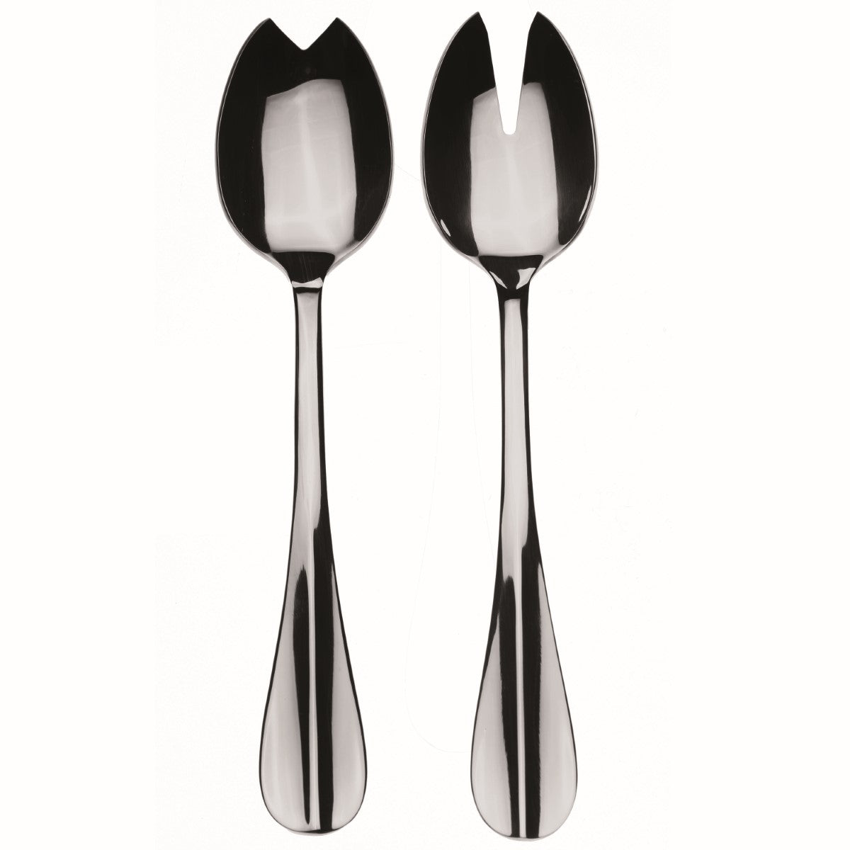 Two silver salad servers on a white background