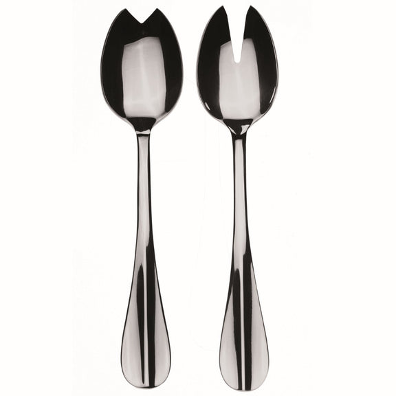 Two silver salad servers on a white background