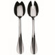 Two silver salad servers on a white background
