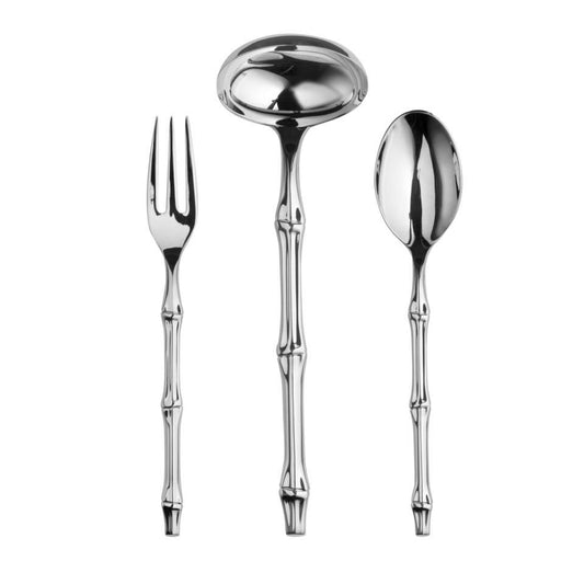 Three-piece stainless steel cutlery set with bamboo-style handles, including a dinner fork, a soup ladle, and a dinner spoon, shown on a plain white background.