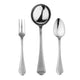 Set of silver cutlery including a fork, ladle, and spoon on a white background