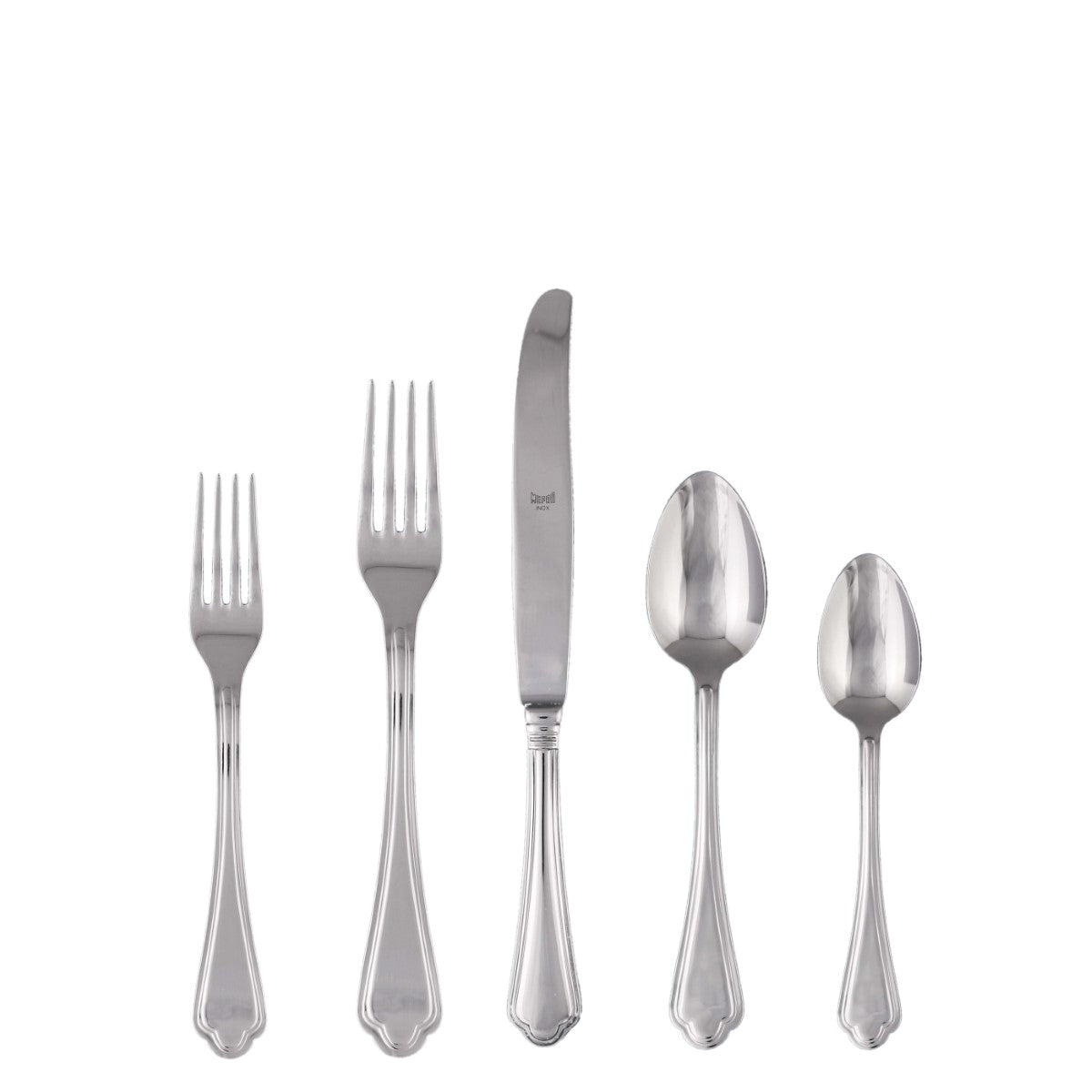 Set of silver cutlery including forks and knives on a white background