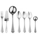 Set of silver cutlery including a fork, knife, ladle, and spoons on a white background