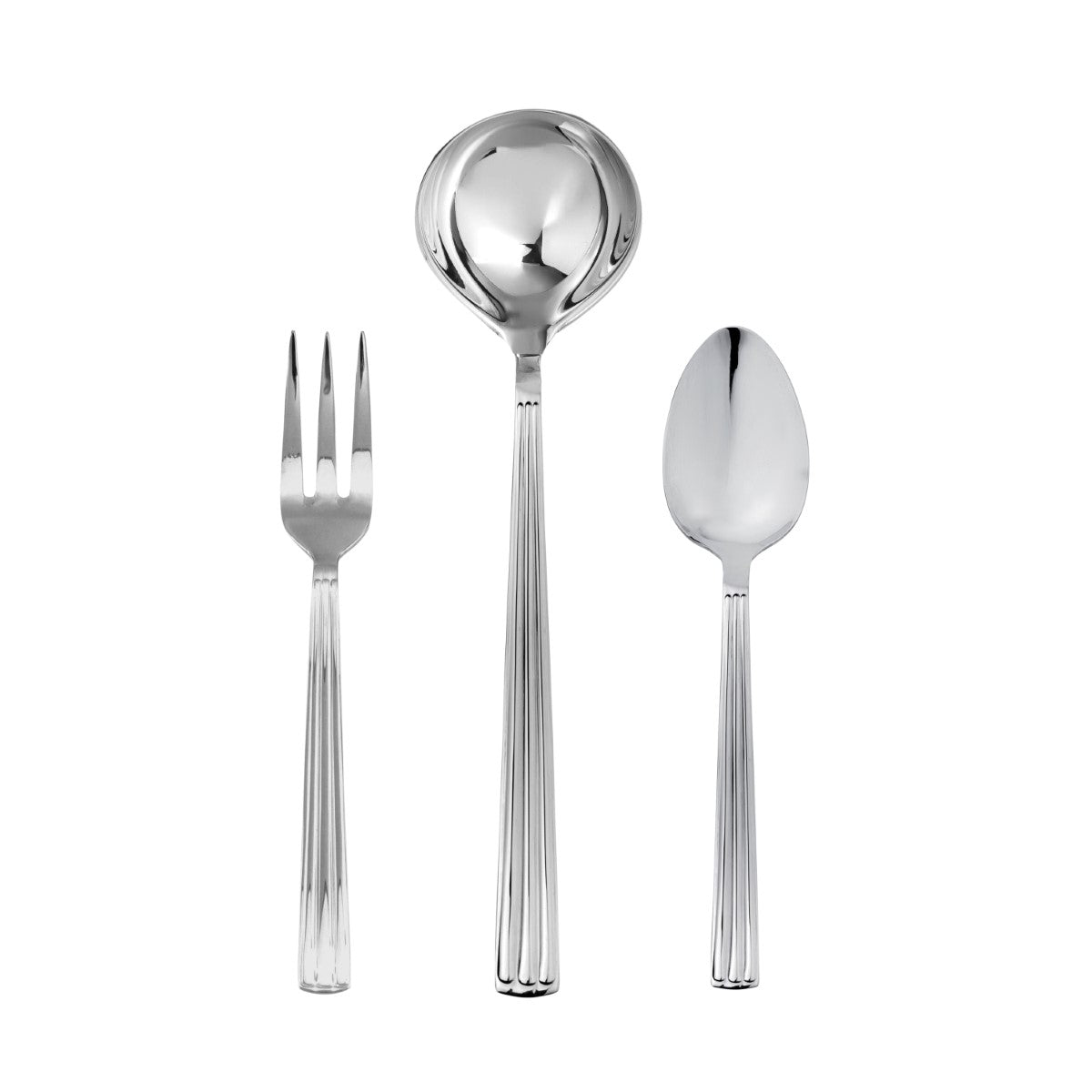 Set of silver cutlery including a fork, ladle, and spoon on a white background