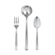 Set of silver cutlery including a fork, ladle, and spoon on a white background
