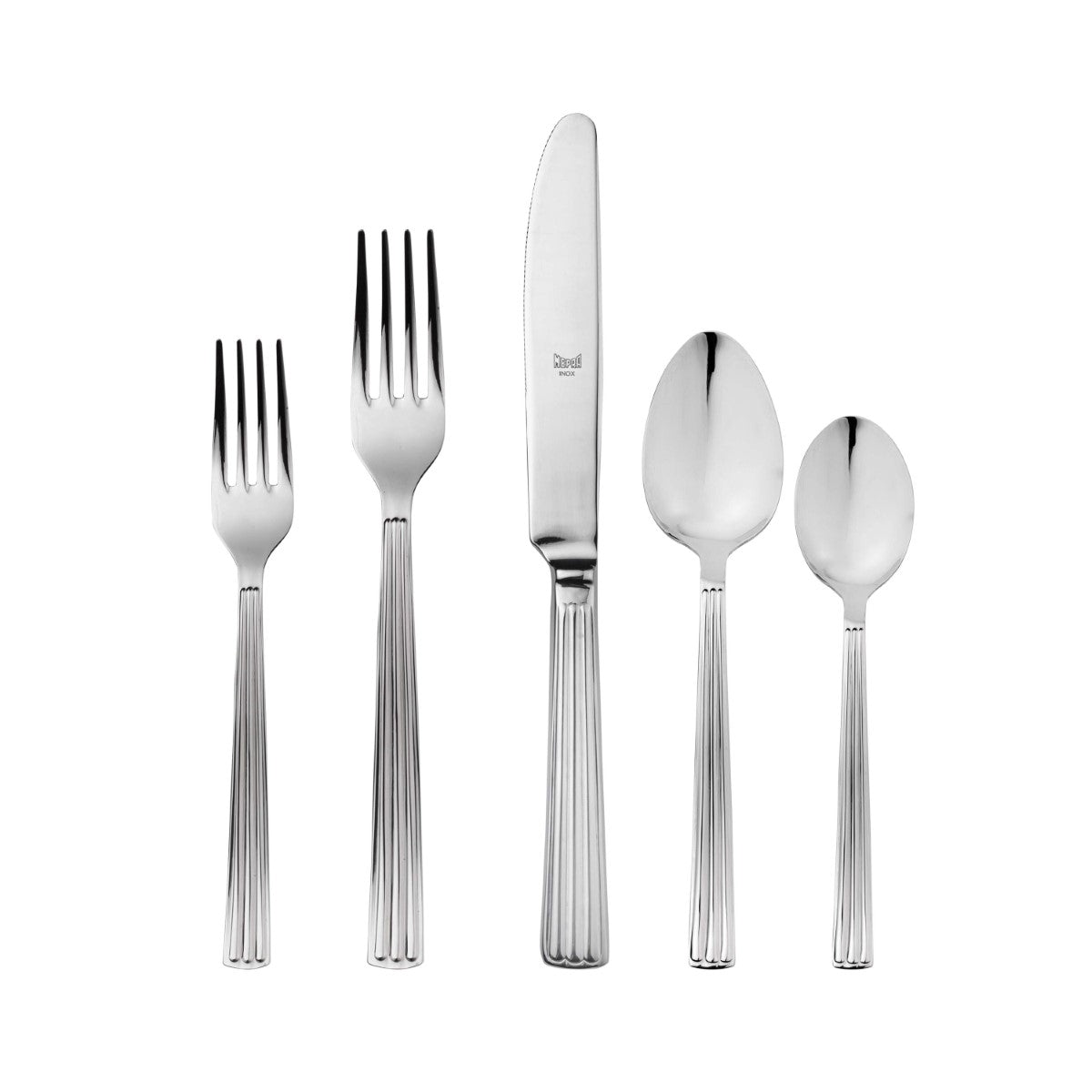 Set of silver cutlery including forks, knife, and spoons on a white background