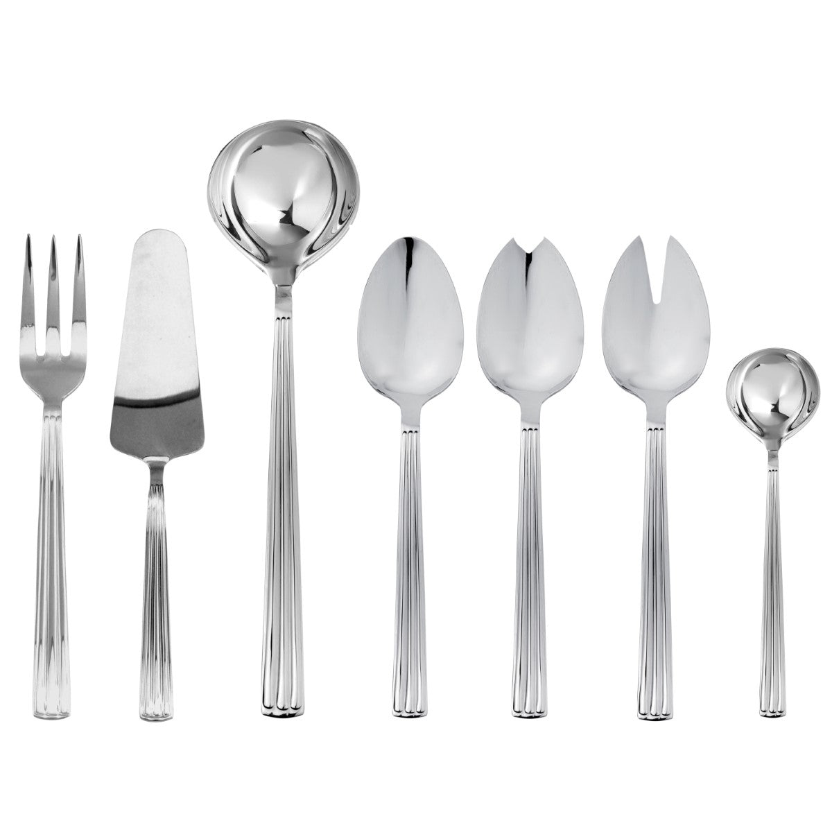 Set of silver cutlery including a fork, knife, ladle, and spoons on a white background